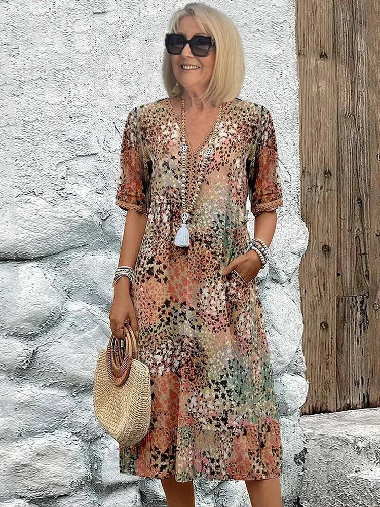 Emelith - Robe d'Été en Dentelle Léopard avec Décolleté en V