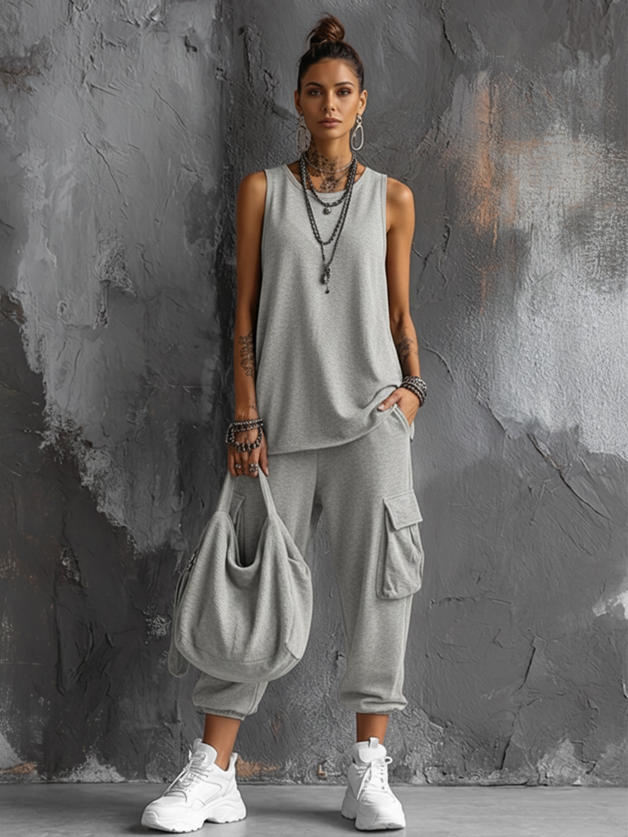 Ensemble Haut Sans Manches en Coton Gris Foncé + Pantalons Cargo Jogger Style Casual Femme
