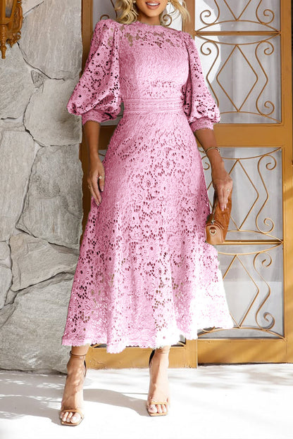 Robe Midi en Dentelle avec Manches Lanternes