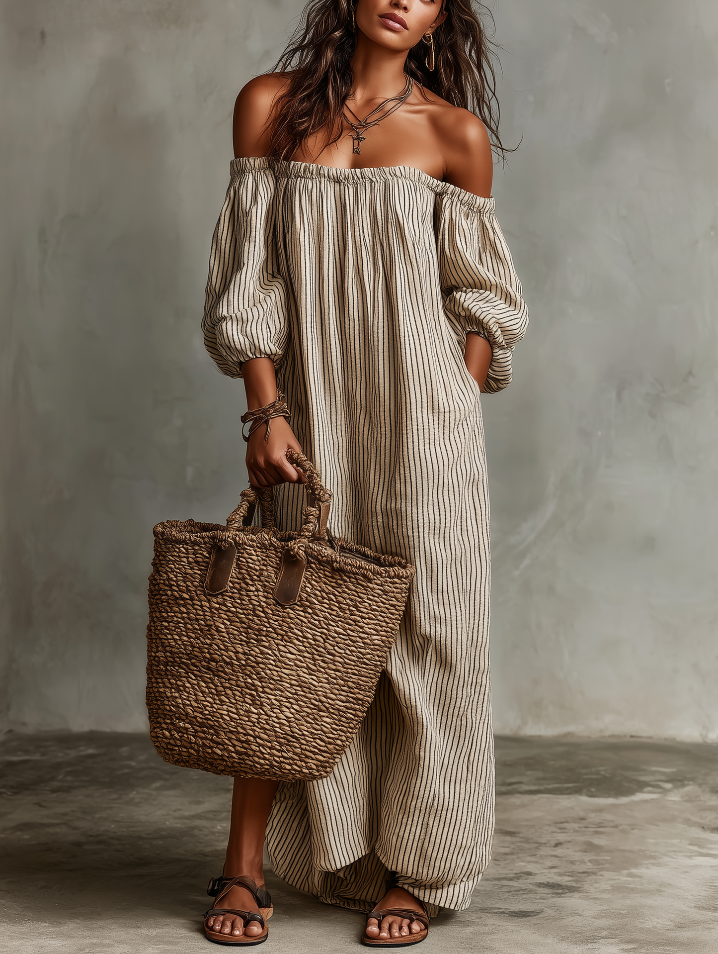 Robe Maxi en Coton-Lin Off-shoulder à Manches Longues pour Femmes