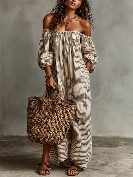 Robe Maxi en Coton-Lin Off-shoulder à Manches Longues pour Femmes