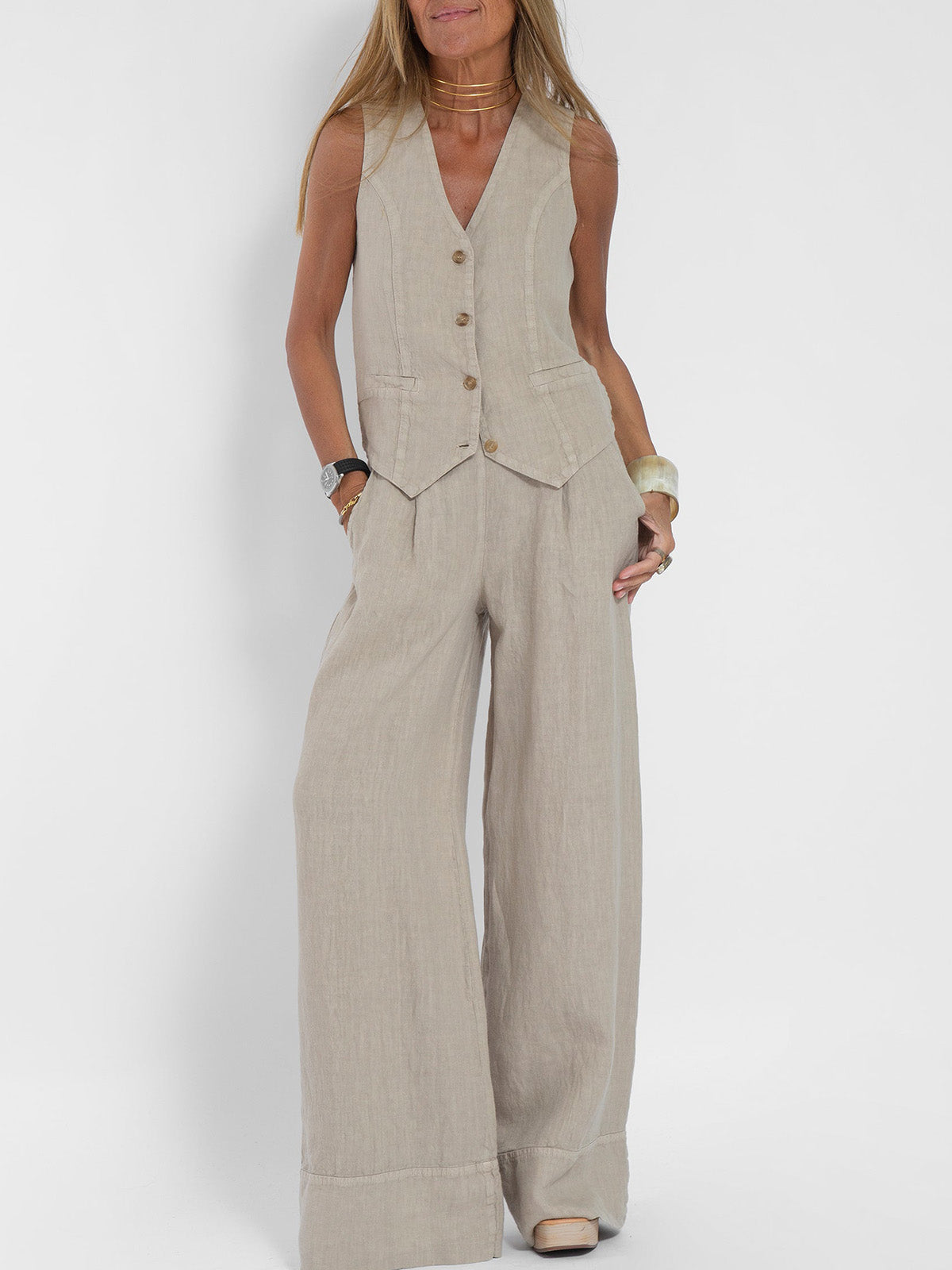 Jessica - Ensemble de Gilet Boutonné & Pantalons à Jambes Larges