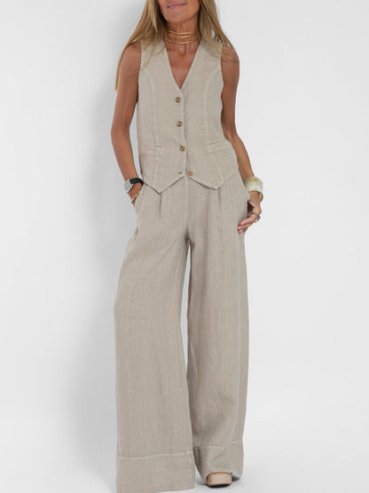 Jessica - Ensemble de Gilet Boutonné & Pantalons à Jambes Larges