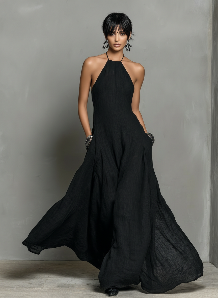 Robe Maxi Sans Manches en Mélange de Lin Minimaliste pour Femme