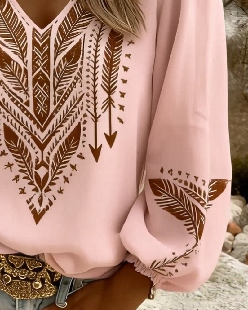 Blouse à Col V avec Manches Bouffantes et Coupe Ample