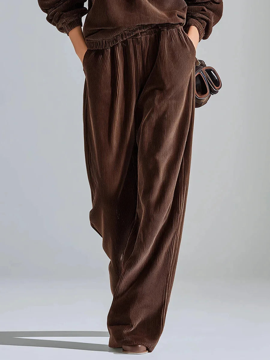 Ensemble Décontracté en Velours Côtelé de Couleur Unie avec Sweat-Shirt et Pantalons à Jambes Larges