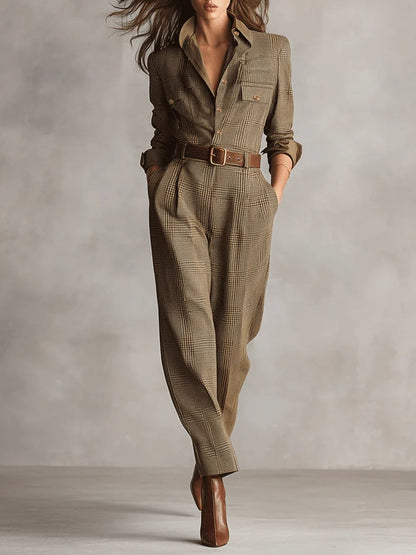 Alessia - Combinaison utilitaire en tweed marron à motif raffiné