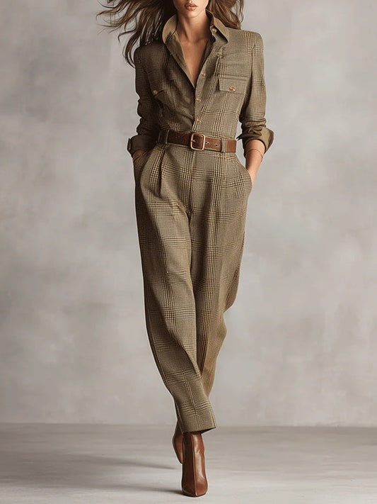 Alessia - Combinaison utilitaire en tweed marron avec motif raffiné