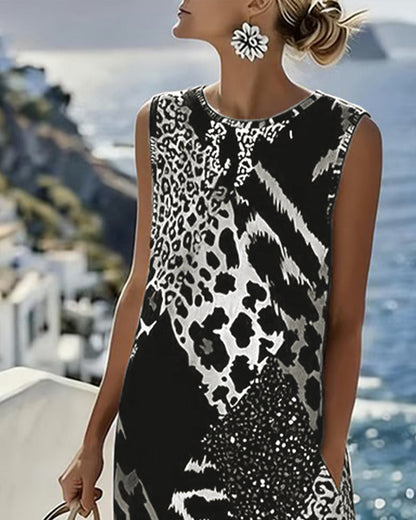 Robe Longue Sans Manches à Imprimé Léopard en Patchwork