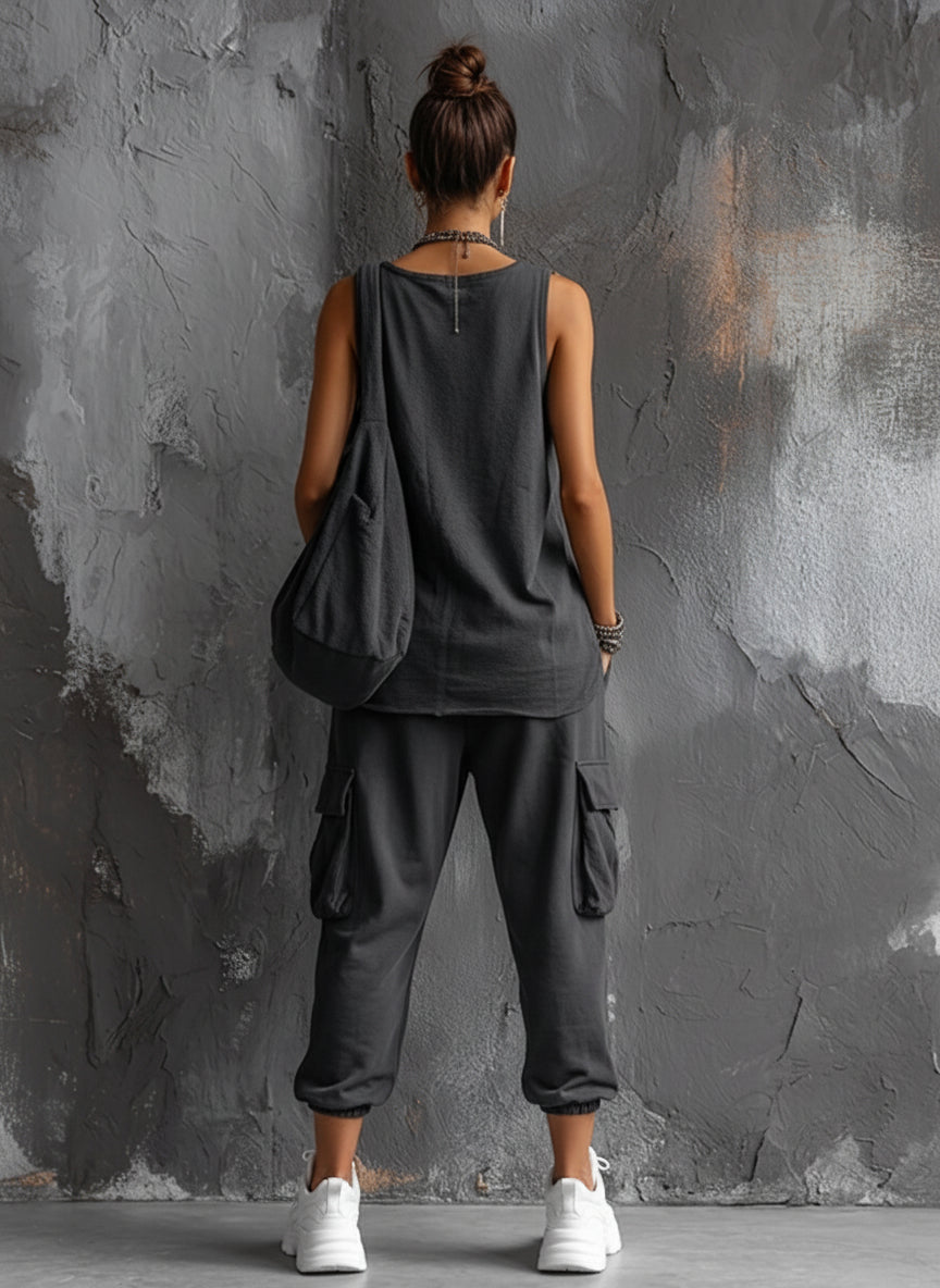 Ensemble Haut Sans Manches en Coton Gris Foncé + Pantalons Cargo Jogger Style Casual Femme
