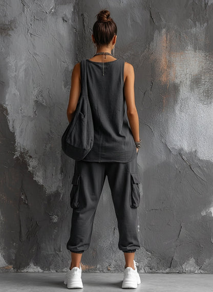 Ensemble Haut Sans Manches en Coton Gris Foncé + Pantalons Cargo Jogger Style Casual Femme