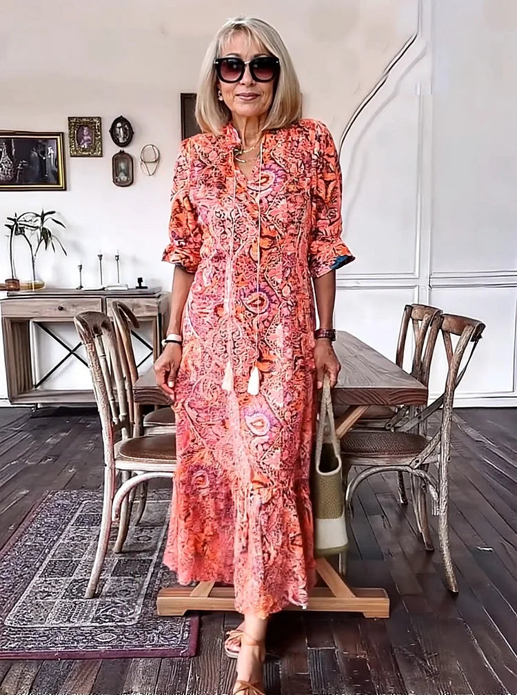 Carolette - Robe Maxi à Col avec Corde Boho
