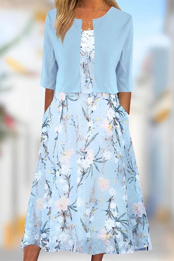 Robe Midi Unique avec Imprimé de Plantes Bleues et Veste