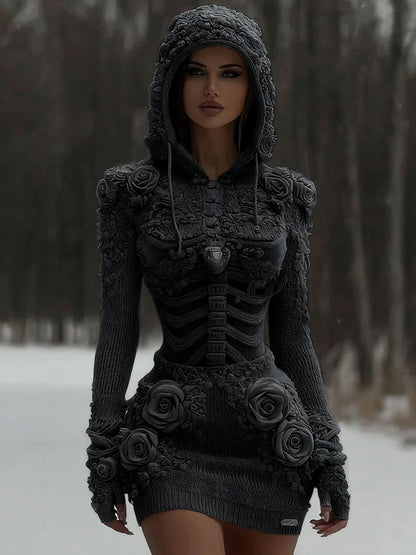 Pull à Capuche en Maille avec Patchwork en Rose Blanc et Crâne pour Femme