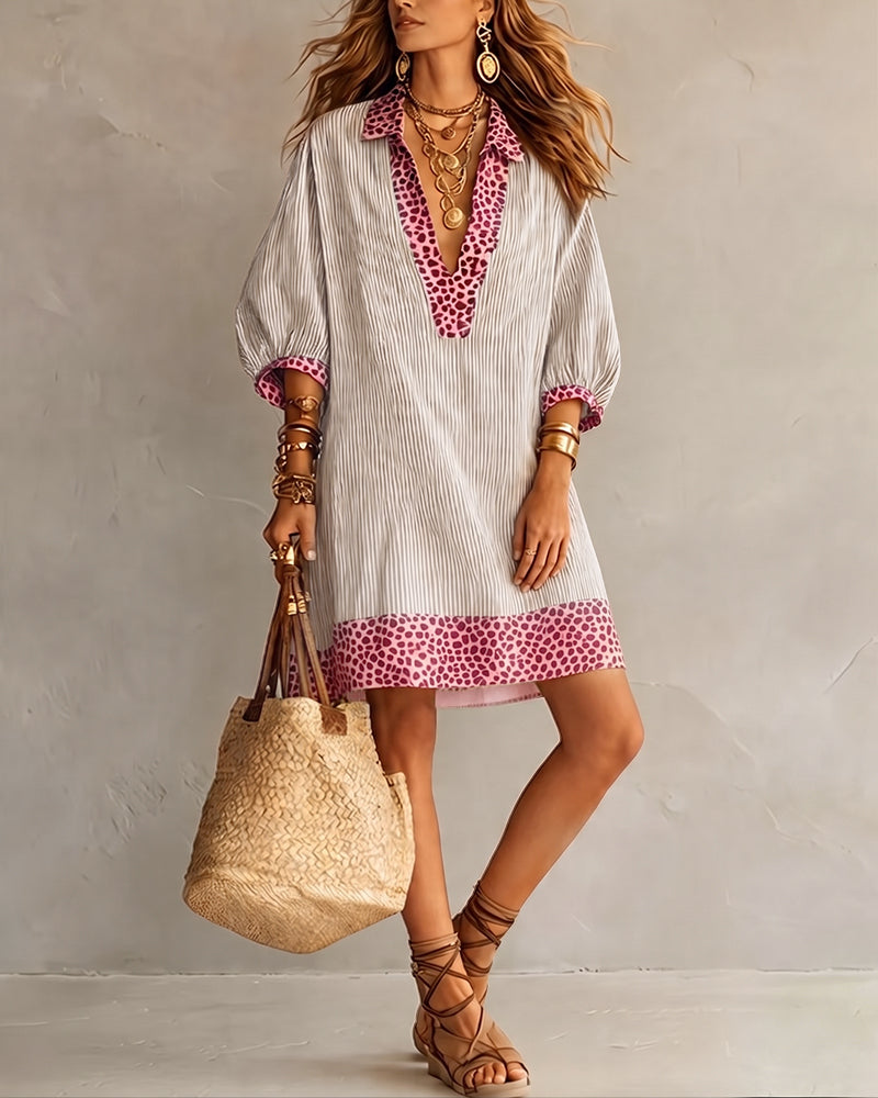 Robe Léopard à Manches Bouffantes avec Rayures