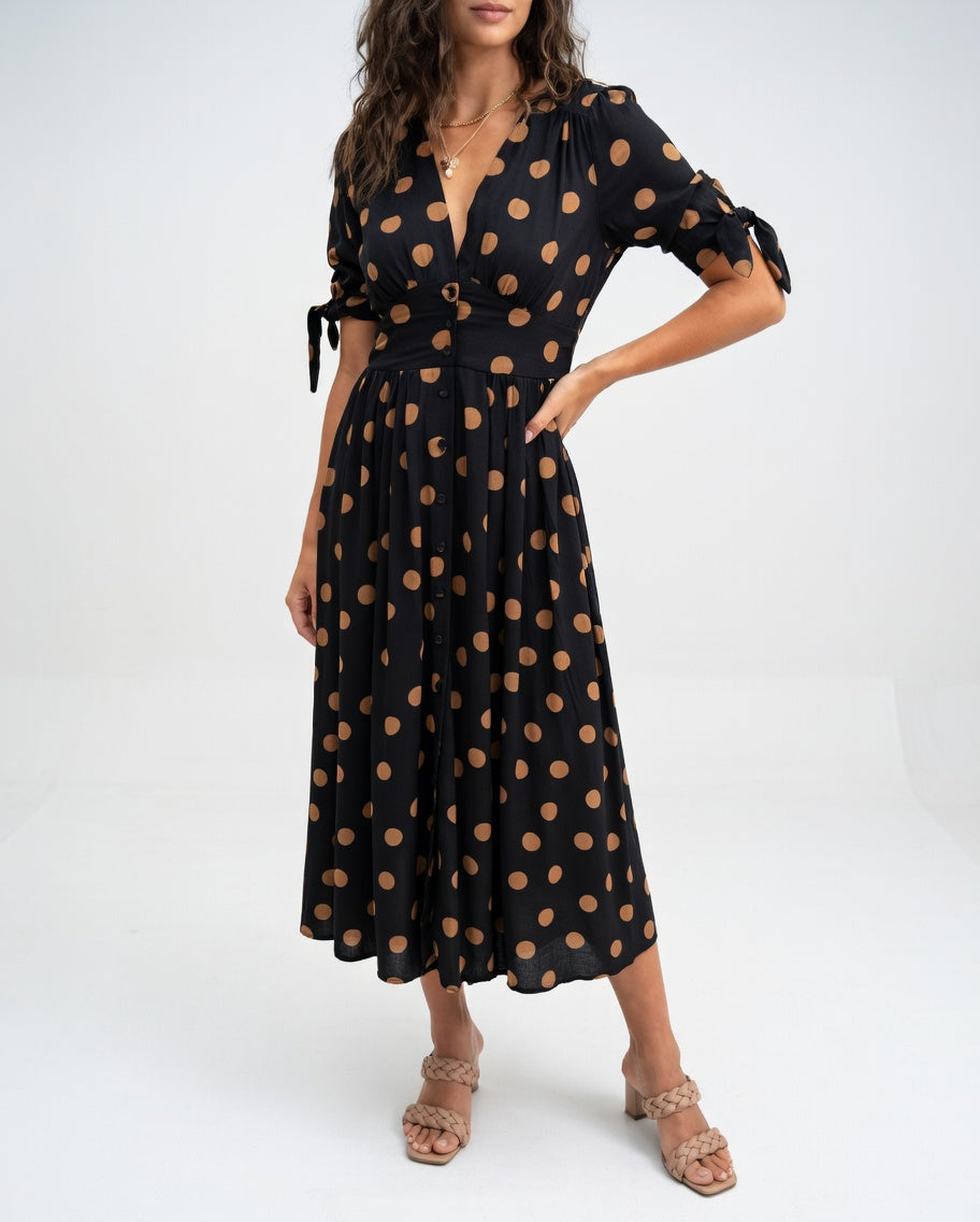 Robe Midi à Pois - Élégance Intemporelle pour Femme