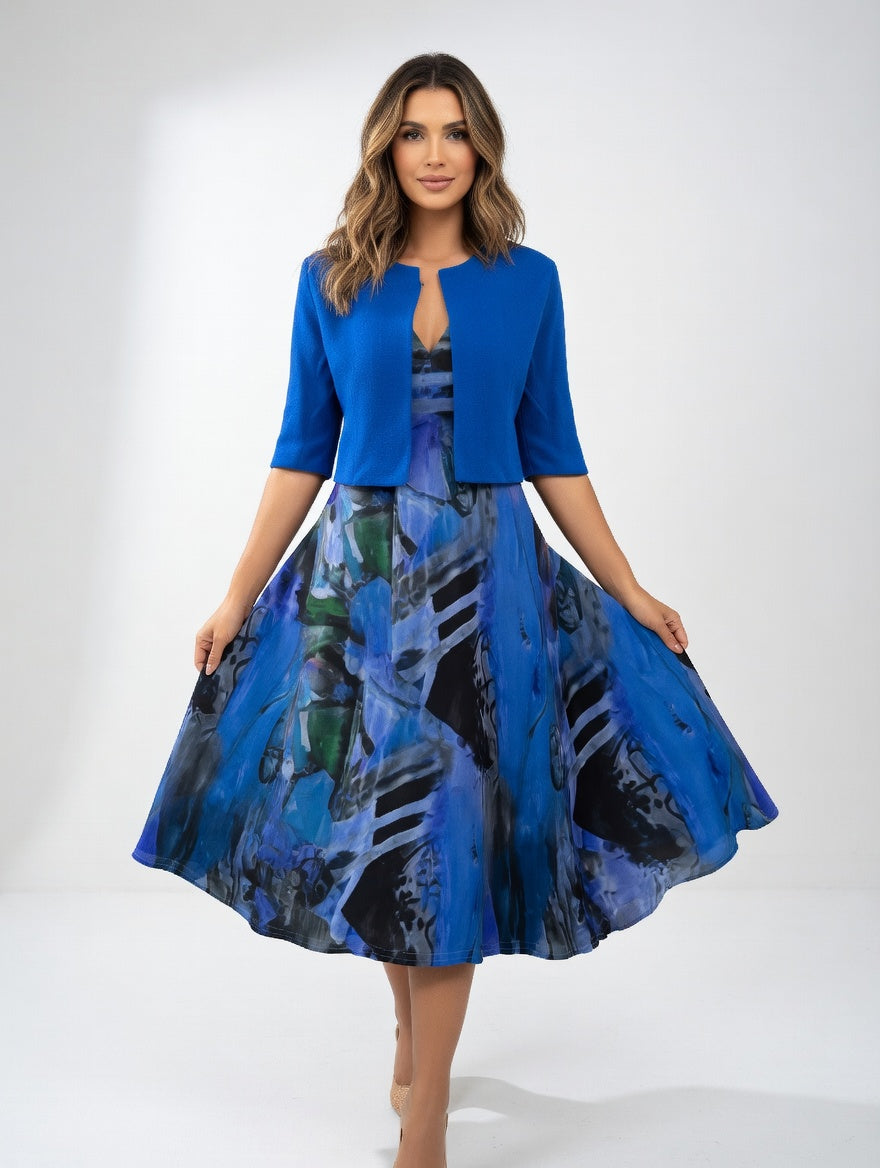 Robe Midi Fluide avec Boléro - Imprimé Artistique Élégant
