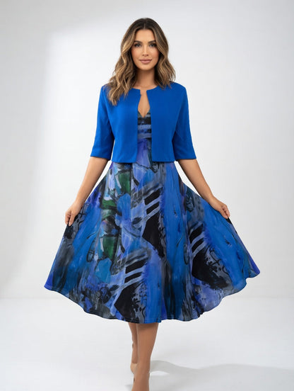 Robe Midi Fluide avec Boléro - Imprimé Artistique Élégant