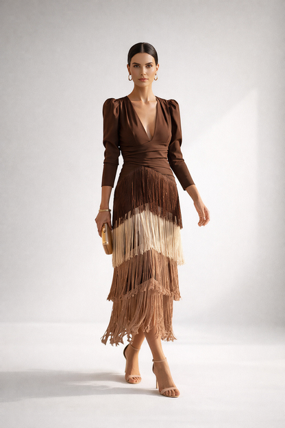 Robe Midi Frangée Élégante — Silhouette Raffinée et Dynamique