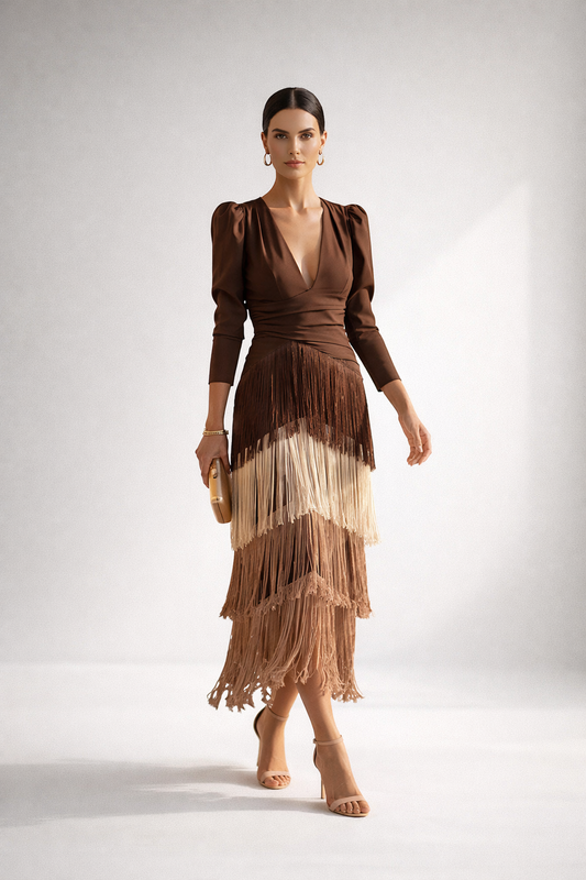 Robe Midi Frangée Élégante — Silhouette Raffinée et Dynamique