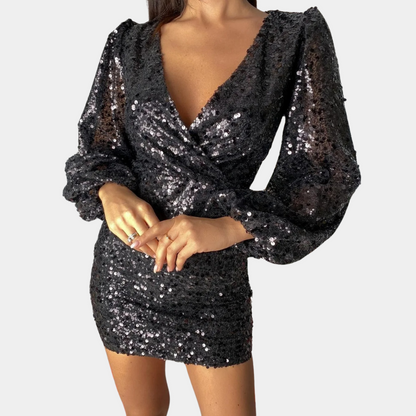 Robe à paillettes col en V pour femme | mini