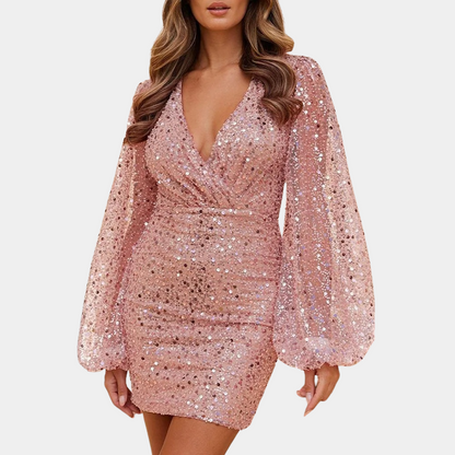 Robe à paillettes col en V pour femme | mini