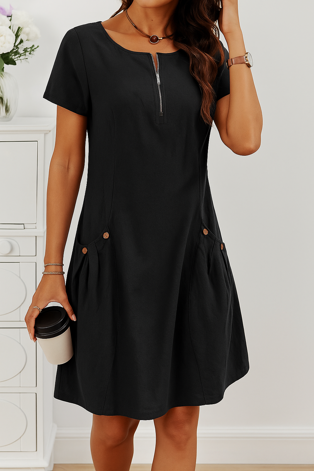 Rudina - Robe en Coton Élegante à Manches Courtes avec Poches