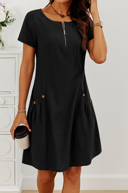 Rudina - Robe en Coton Élegante à Manches Courtes avec Poches