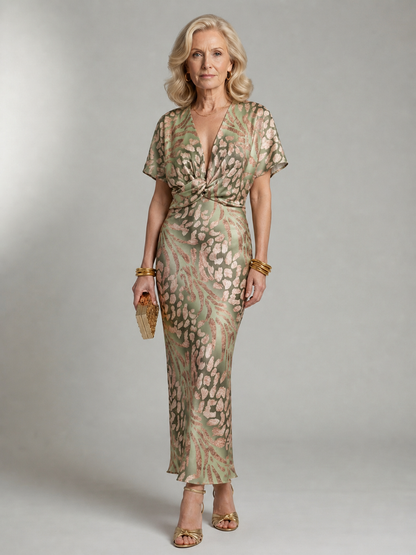 Robe Midi à Imprimé Abstrait et Décolleté en V avec Taille Torsadée