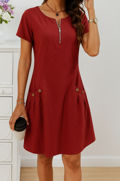 Rudina - Robe en Coton Élegante à Manches Courtes avec Poches