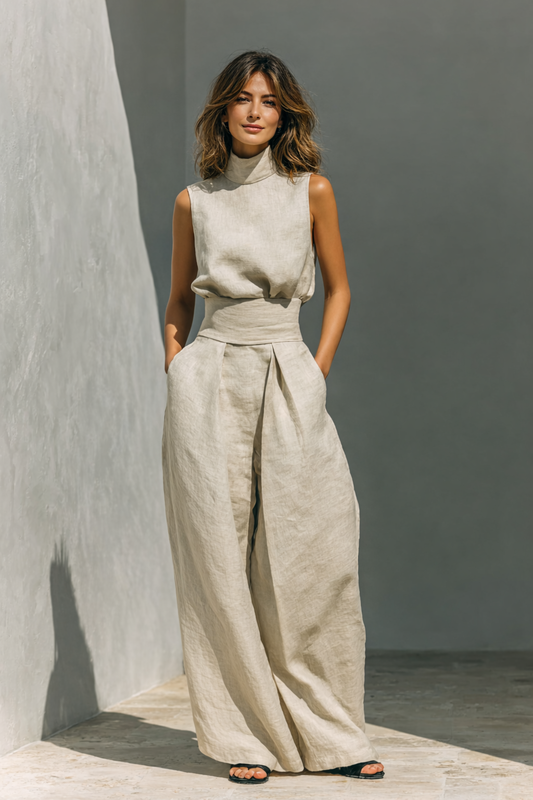 Maria - Ensemble de débardeur et pantalons larges en coton et lin minimaliste pour femme