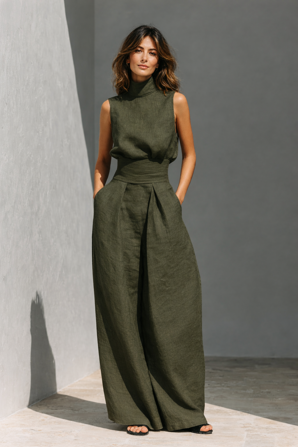 Maria - Ensemble de débardeur et pantalons larges en coton et lin minimaliste pour femme