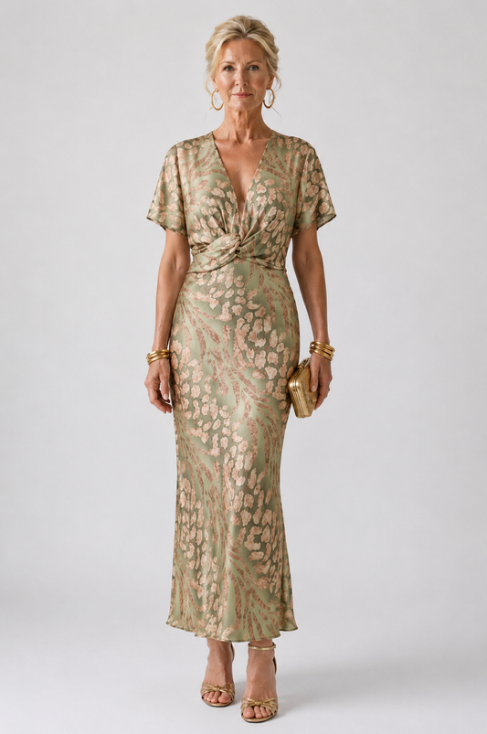 Robe Midi à Imprimé Abstrait et Décolleté en V avec Taille Torsadée
