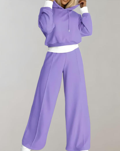 Ensemble femme deux pièces – Sweat-shirt court à capuche et pantalons à jambes larges