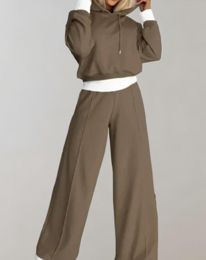Ensemble femme deux pièces – Sweat-shirt court à capuche et pantalon à jambes larges