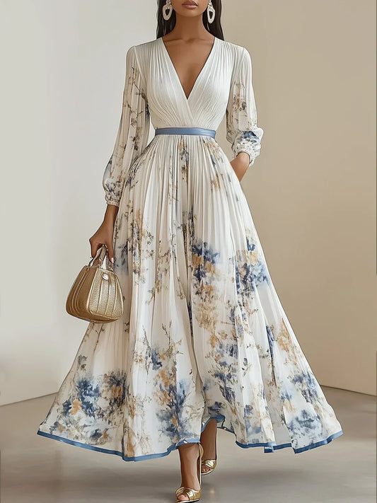 Halston - Élégant Robe Maxi à Manches Bouffantes et Décolleté en V