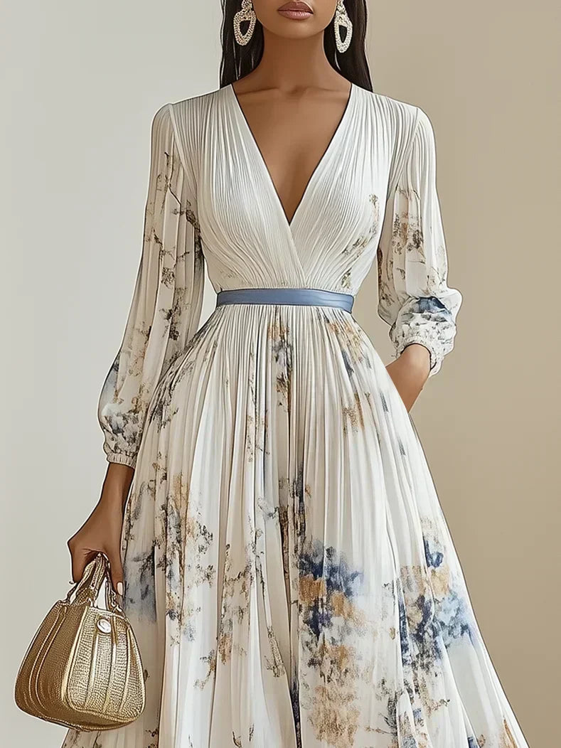 Halston - Élégant Robe Maxi à Manches Bouffantes et Décolleté en V