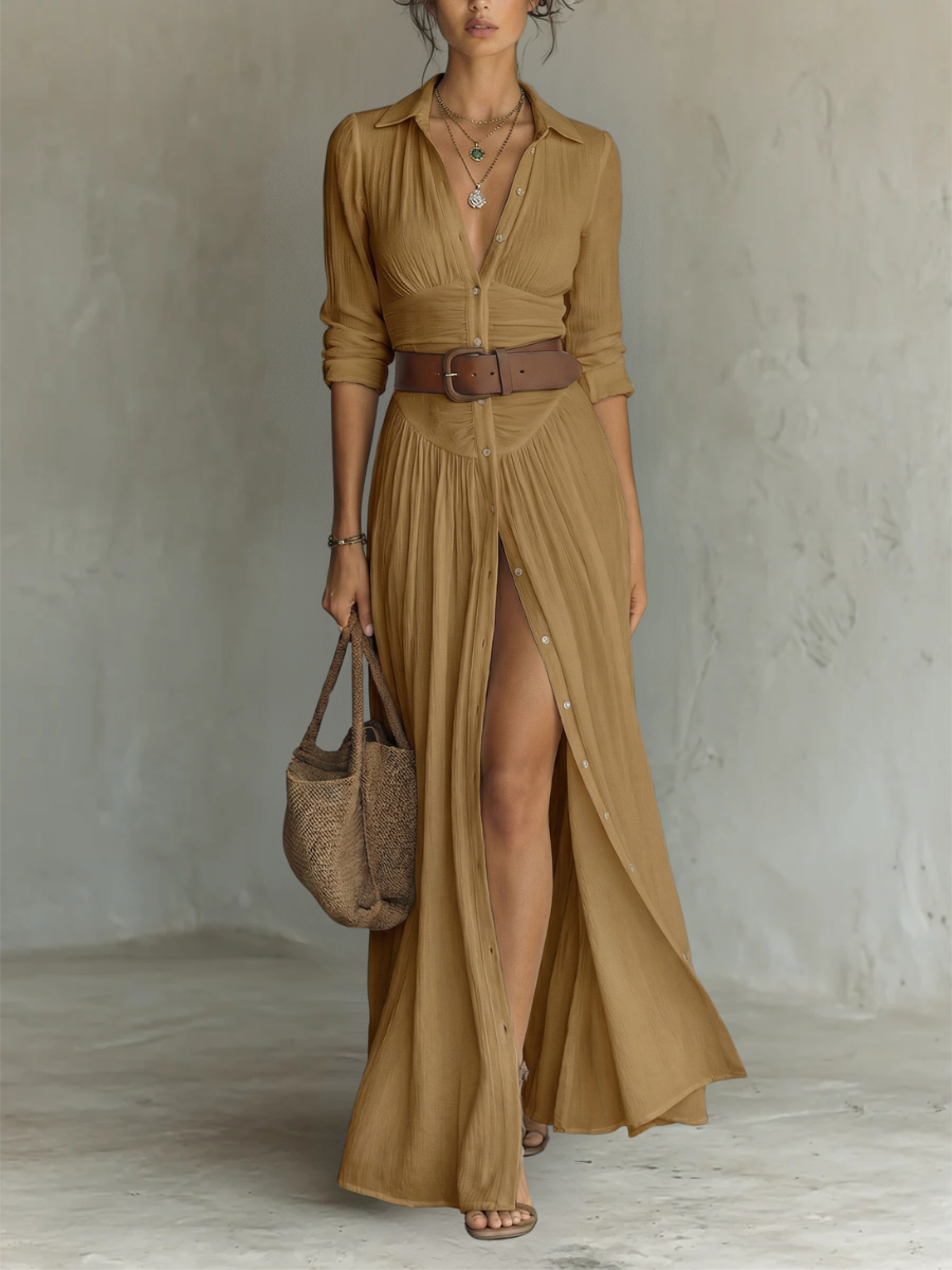 Robe Maxi Élégante avec Col Revers et Manches Longues en Lin-Coton