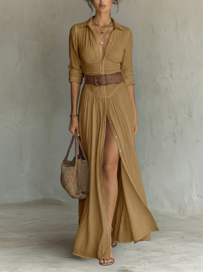 Robe Maxi Longue avec Col et Manches Longues en Lin pour Femme