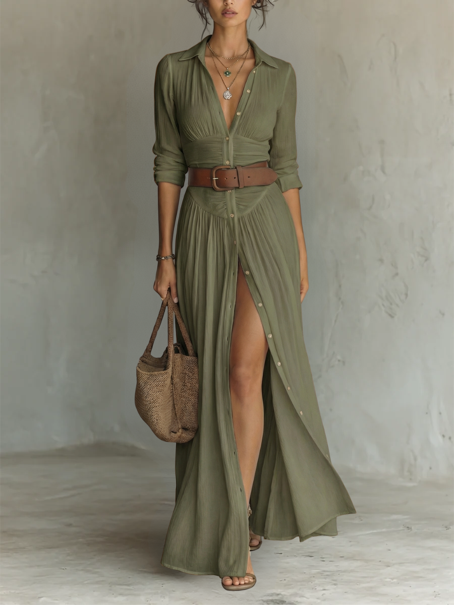 Robe Maxi Longue avec Col et Manches Longues en Lin pour Femme