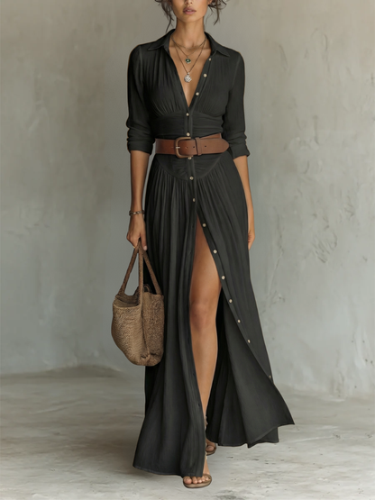 Robe Maxi Longue avec Col et Manches Longues en Lin pour Femme