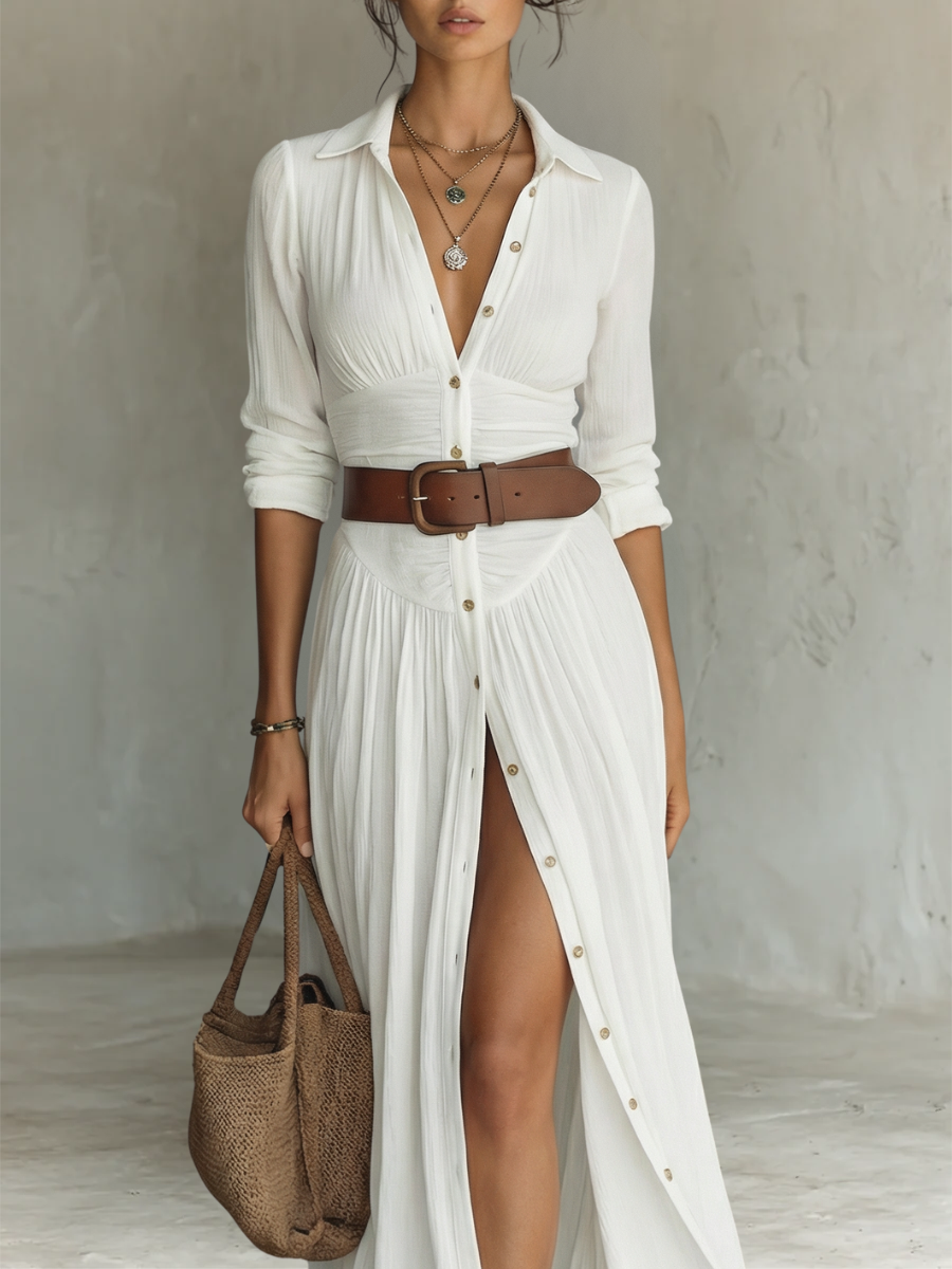 Robe Maxi Longue avec Col et Manches Longues en Lin pour Femme