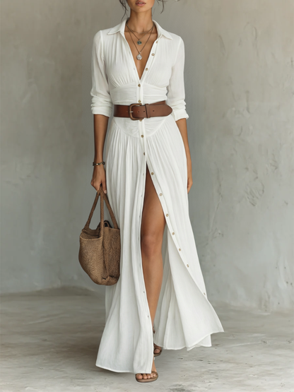 Robe Maxi Élégante avec Col Revers et Manches Longues en Lin-Coton