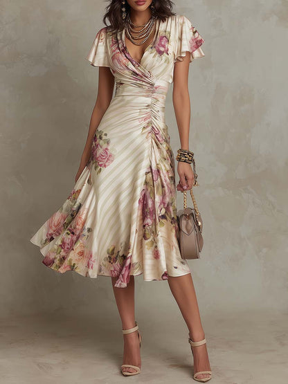 Margaret | Robe Midi en Satin Floral Vintage