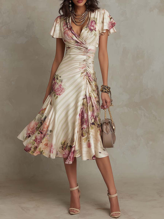 Margaret | Robe Midi en Satin Floral Vintage
