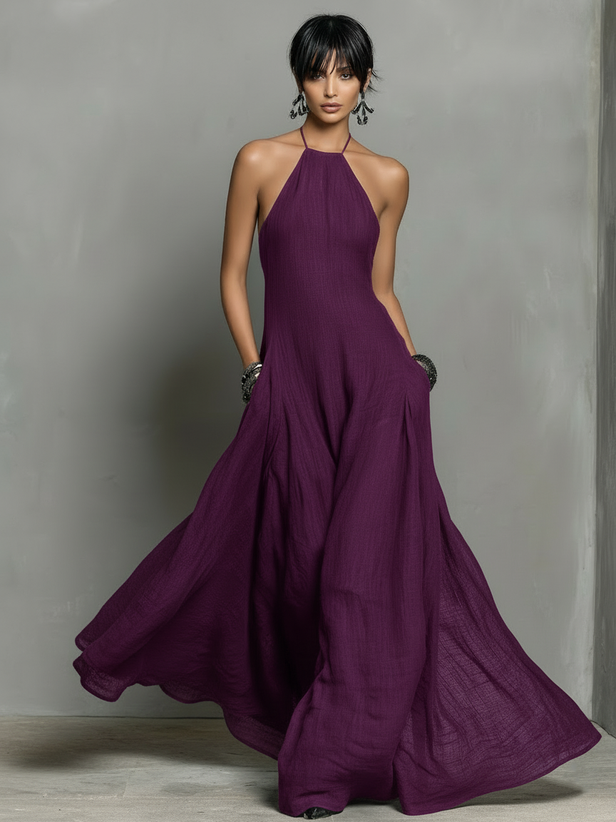 Robe Maxi Sans Manches en Mélange de Lin Minimaliste pour Femme