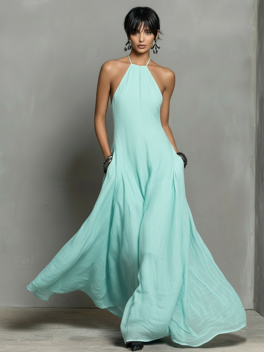 Robe Maxi Sans Manches en Mélange de Lin Minimaliste pour Femme