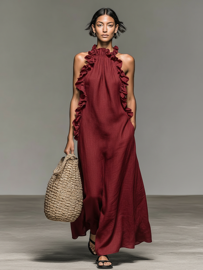 Robe Maxi Sans Manches en Mélange de Lin Minimaliste pour Femme avec Détails Volants
