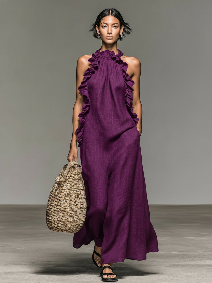 Robe Maxi Sans Manches en Mélange de Lin Minimaliste pour Femme avec Détails Volants
