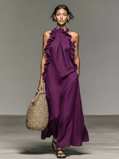 Robe Maxi Sans Manches en Mélange de Lin Minimaliste pour Femme avec Détails Volants